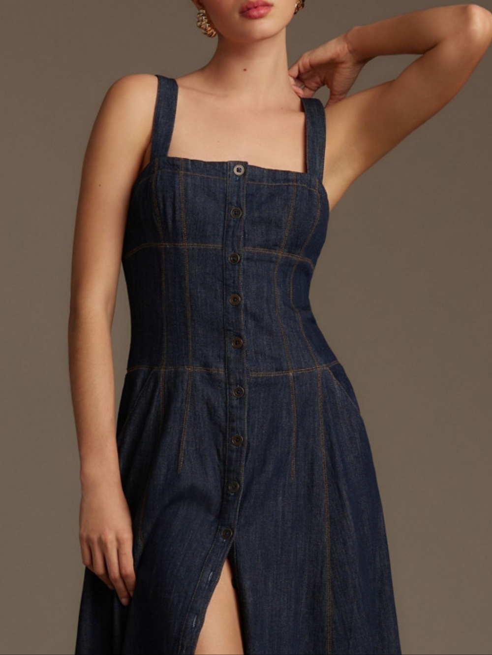 Anthropologie Square Neck Buttondown Corset Dress In Indigo - Picture 4 of 16